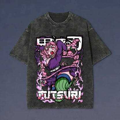 Dark gray distressed washed vintage demon slayer t-shirt featuring mutsuri with pink hair and stylized flames