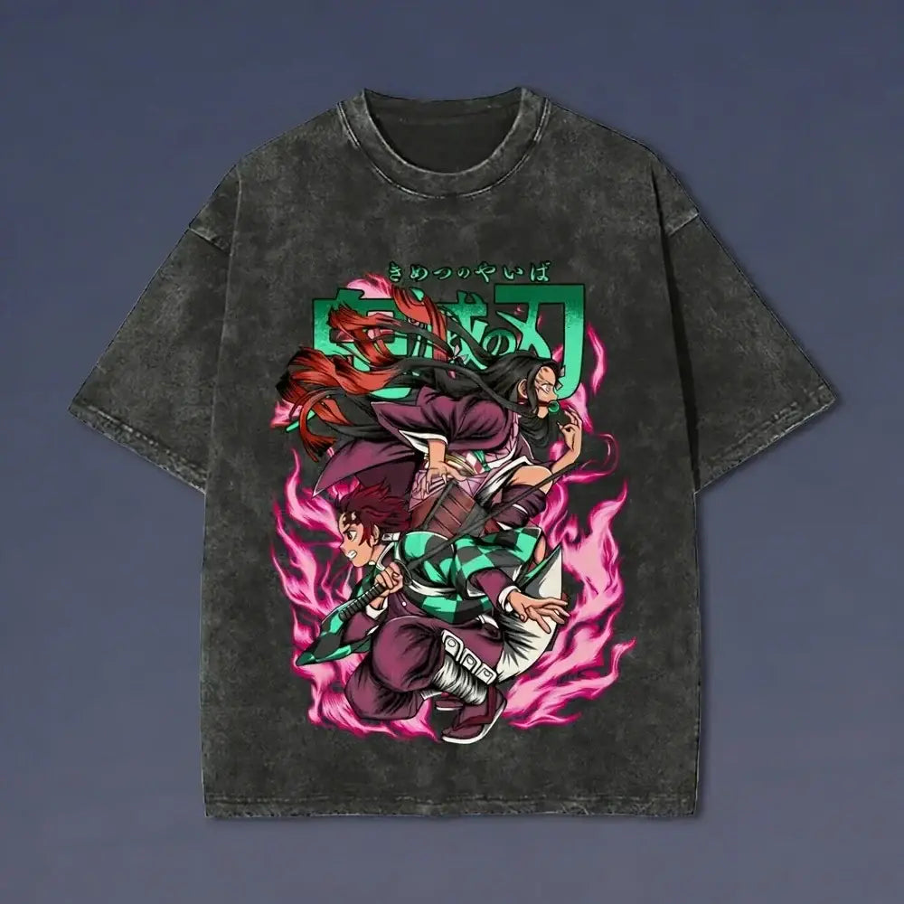 Black distressed cotton t-shirt with vibrant demon slayer sanemi shinazugawa graphic and bold green japanese text washed vintage style