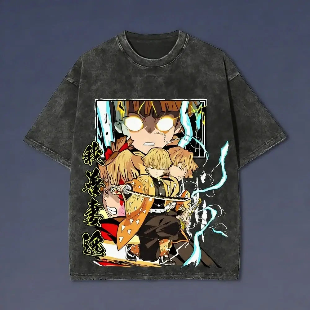 Black distressed cotton t-shirt featuring vibrant demon slayer sanemi shinazugawa anime graphic with lightning effects and japanese calligraphy in washed vintage style