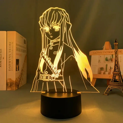 Golden-lit demon slayer tanjiro led night light with intricate silhouette design and black base for kids decor lamp