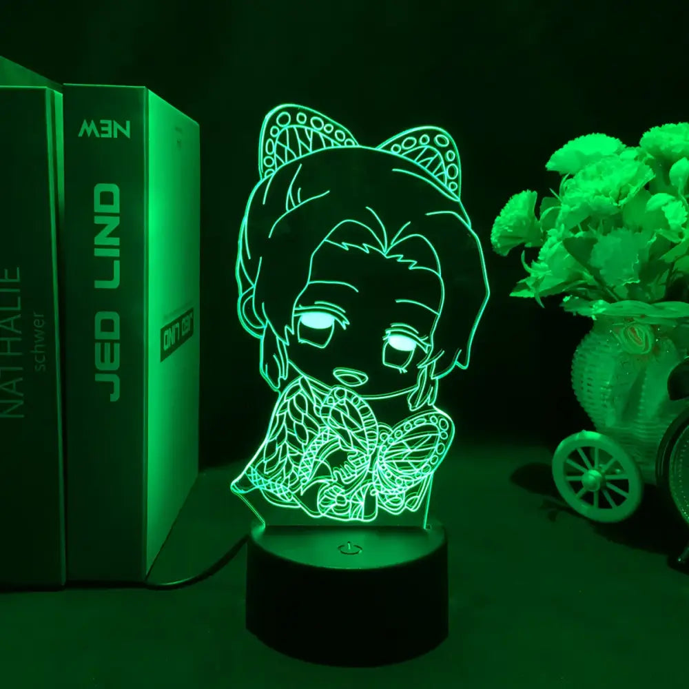 Green glowing demon slayer tanjiro chibi led night light with cat ears and butterfly patterns for kids decor lamp