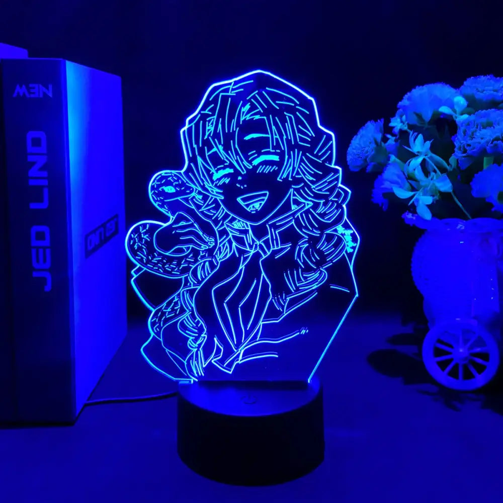 Blue glowing demon slayer tanjiro 3d led night light with intricate line art design for kids decor lamp