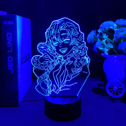Blue glowing demon slayer tanjiro 3d led night light with intricate line art design for kids decor lamp