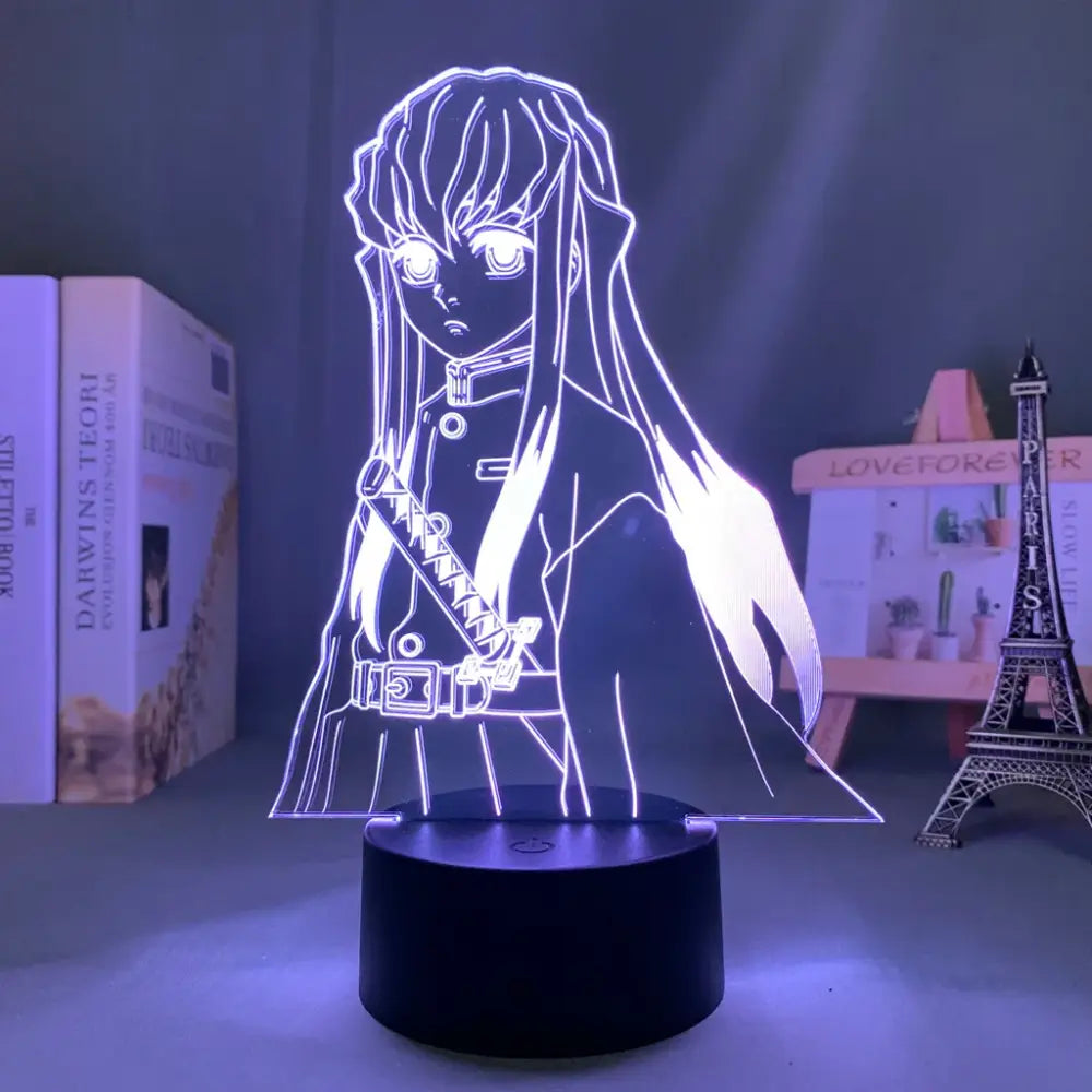 Demon slayer tanjiro 3d led night light with purple glowing anime character and sword for kids decor lamp