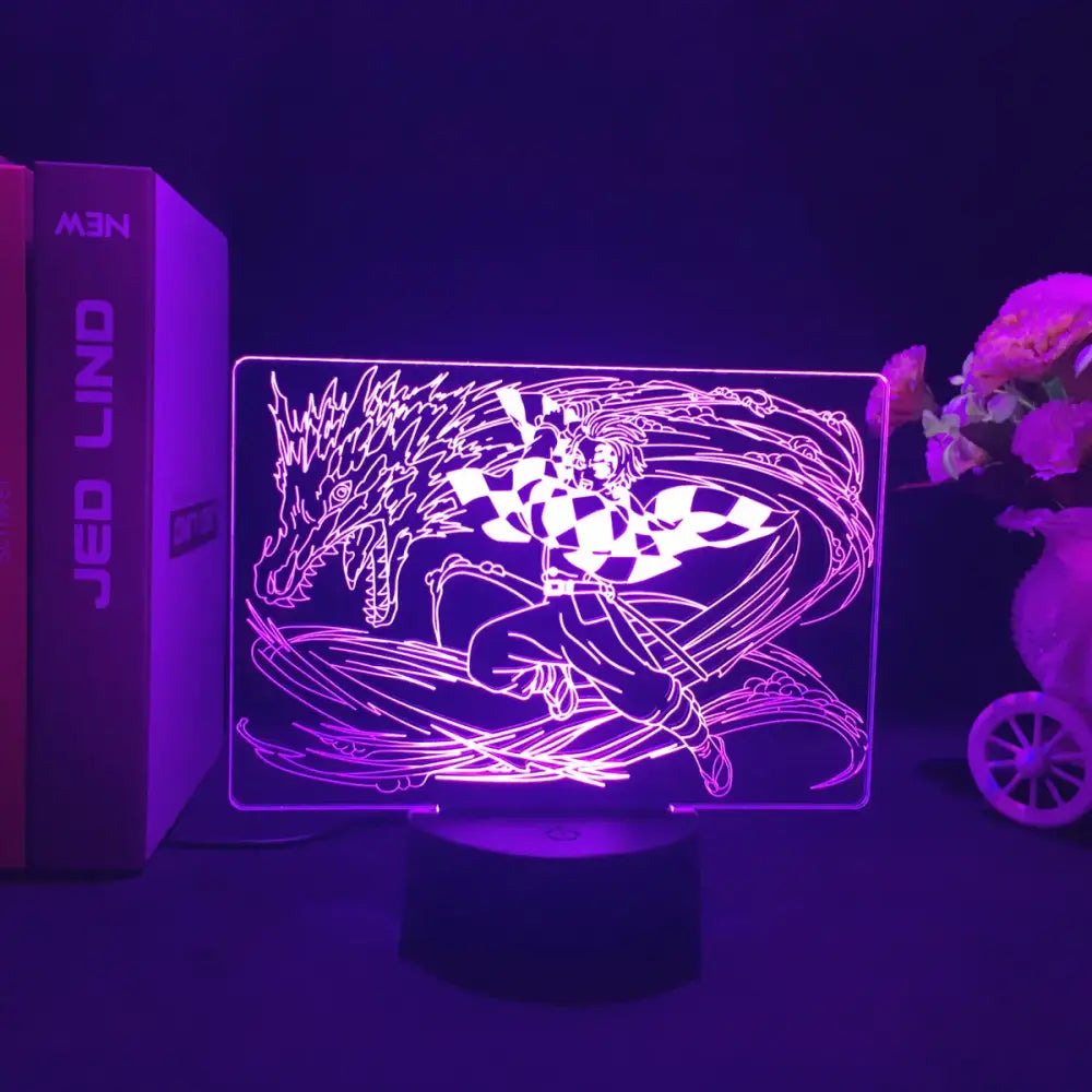 Purple-lit demon slayer led night light featuring a 3d anime character in combat pose with glowing neon outlines