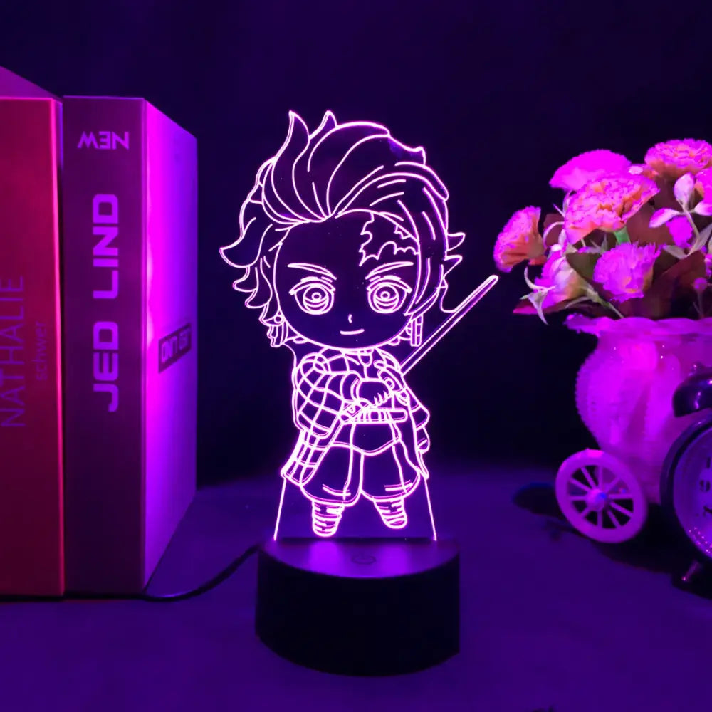 Purple glowing demon slayer tanjiro led night light shaped like chibi anime character holding sword for kids decor