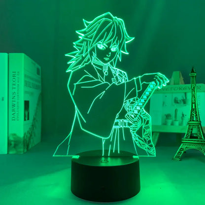 Green-lit demon slayer tanjiro 3d led night light featuring spiky hair anime character illuminated in neon green