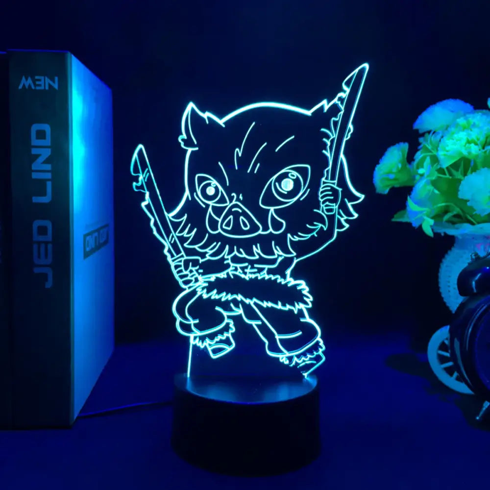 Demon slayer tanjiro 3d led night light featuring a glowing blue neon pig character holding two swords for kids decor