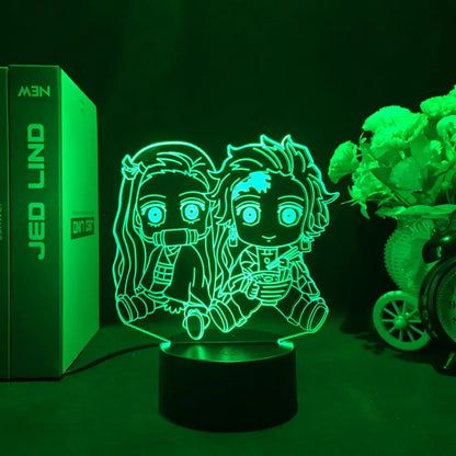Demon slayer tanjiro green glowing led night light featuring two chibi anime characters for kids decor lamp