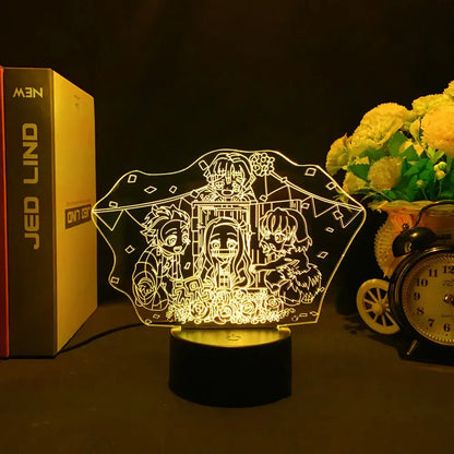 Glowing translucent acrylic led night light featuring demon slayer chibi characters under an umbrella for kids decor