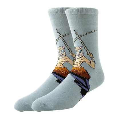 Light blue crew socks featuring pixel-art inosuke hashibira from demon slayer holding swords with signature fur cloak
