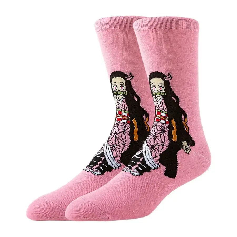 Pink demon slayer crew socks featuring embroidered nezuko kamado in traditional kimono cartoon anime design