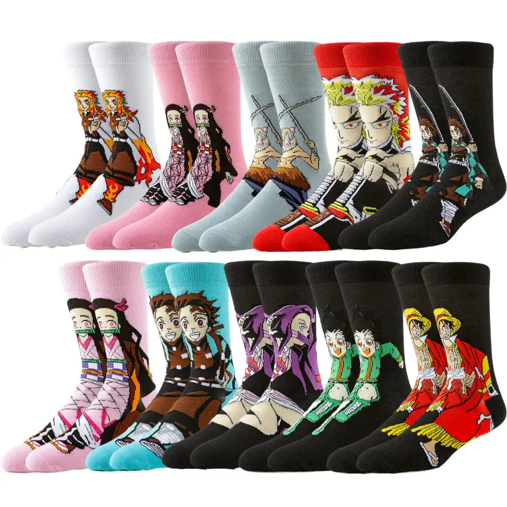 A collection of colorful demon slayer cartoon anime crew socks featuring characters from popular series like one piece