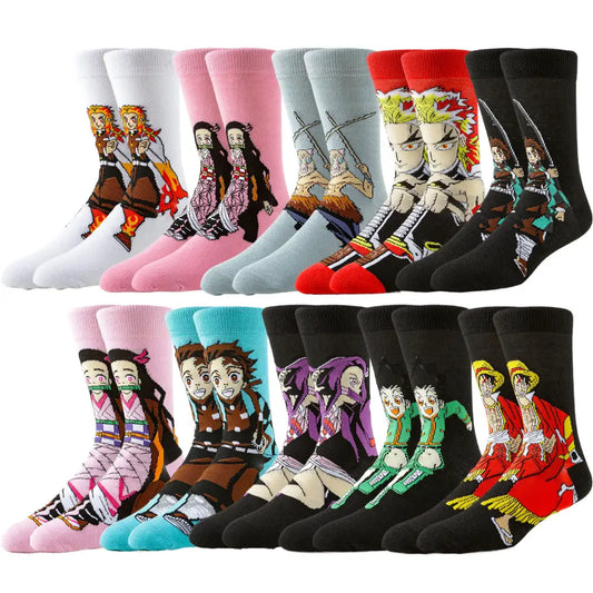 A collection of colorful demon slayer cartoon anime crew socks featuring characters from popular series like one piece