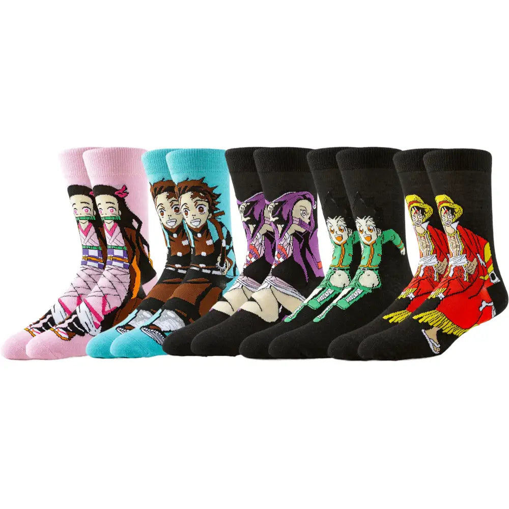 A set of colorful demon slayer cartoon anime crew socks featuring popular manga characters for casual wear