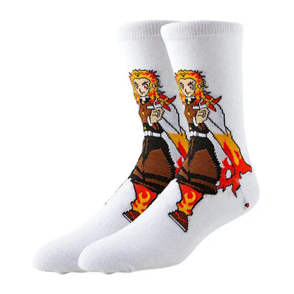 White crew socks featuring pixelated demon slayer tanjiro kamado design with fiery orange and brown accents for casual wear