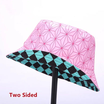 Demon slayer tanjiro bucket hat fisherman cap in pink and teal with geometric star and argyle patterns