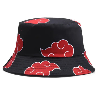 Black demon slayer bucket hat with red cloud pattern and white outlines fisherman cap for casual wear
