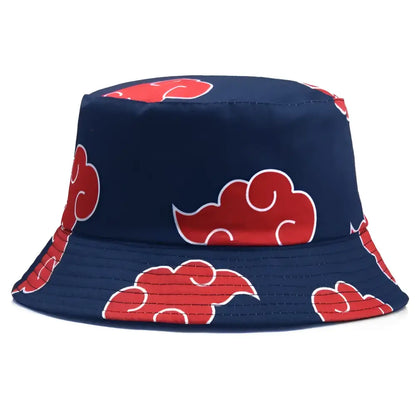 Navy blue demon slayer bucket hat with red cloud patterns and white outlines fisherman cap for outdoor use