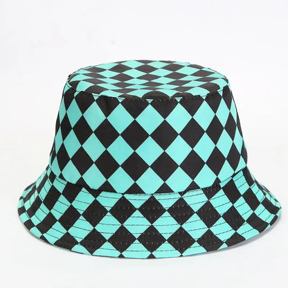 Demon Slayer Tanjiro bucket hat with bold black and teal diamond pattern made from durable fabric fisherman cap