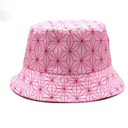 Demon slayer tanjiro pink bucket hat with geometric pattern in darker pink fisherman cap design