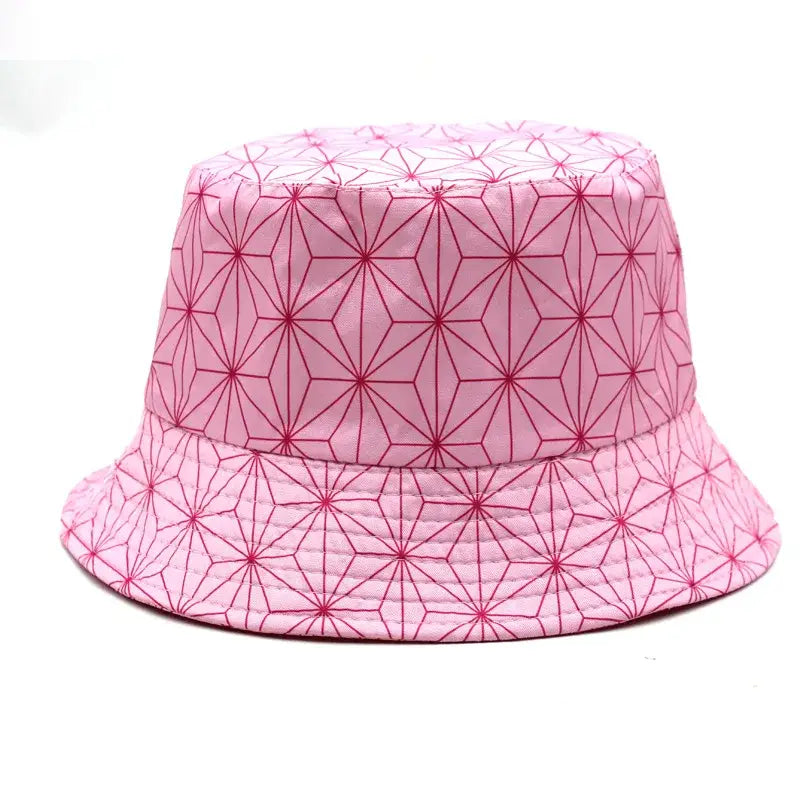 Demon slayer tanjiro bucket hat fisherman cap in pink with a geometric pattern of intersecting darker pink lines