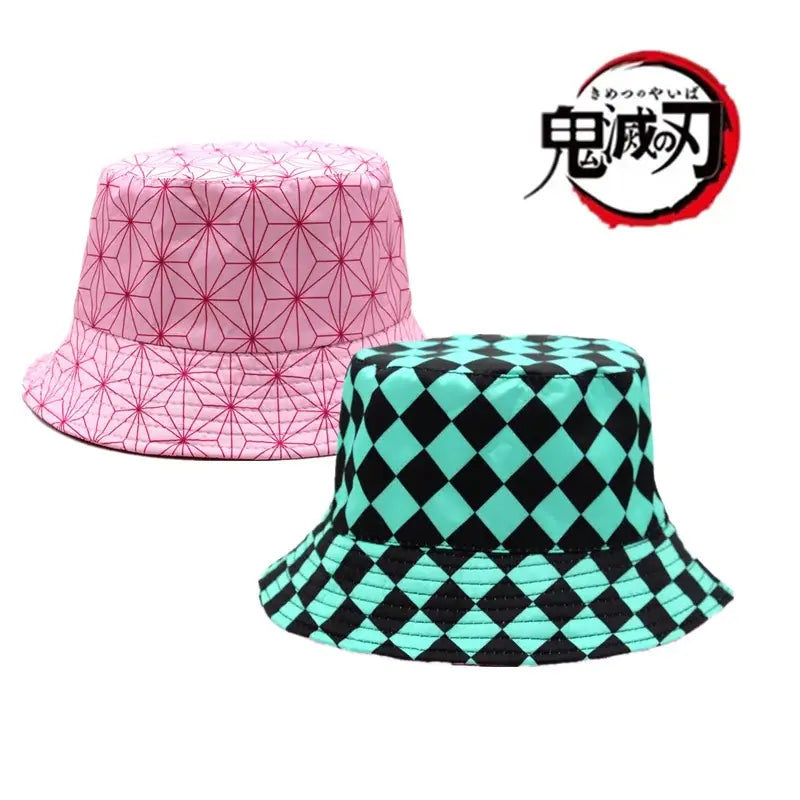 Demon slayer tanjiro bucket hat fisherman cap in pink and teal checkered soft fabric with bold geometric patterns