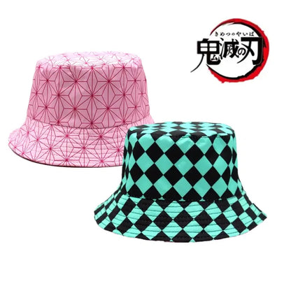 Demon slayer tanjiro bucket hat fisherman cap in pink and teal checkered soft fabric with bold geometric patterns