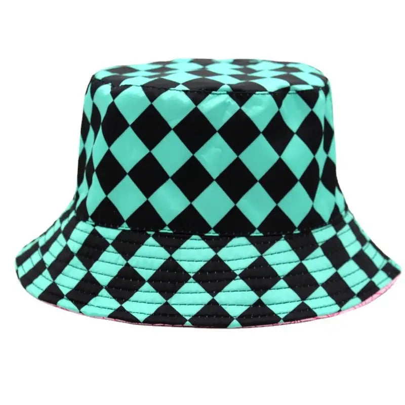 Demon slayer tanjiro bucket hat with vibrant turquoise and black diamond pattern and subtle pink lining fisherman cap