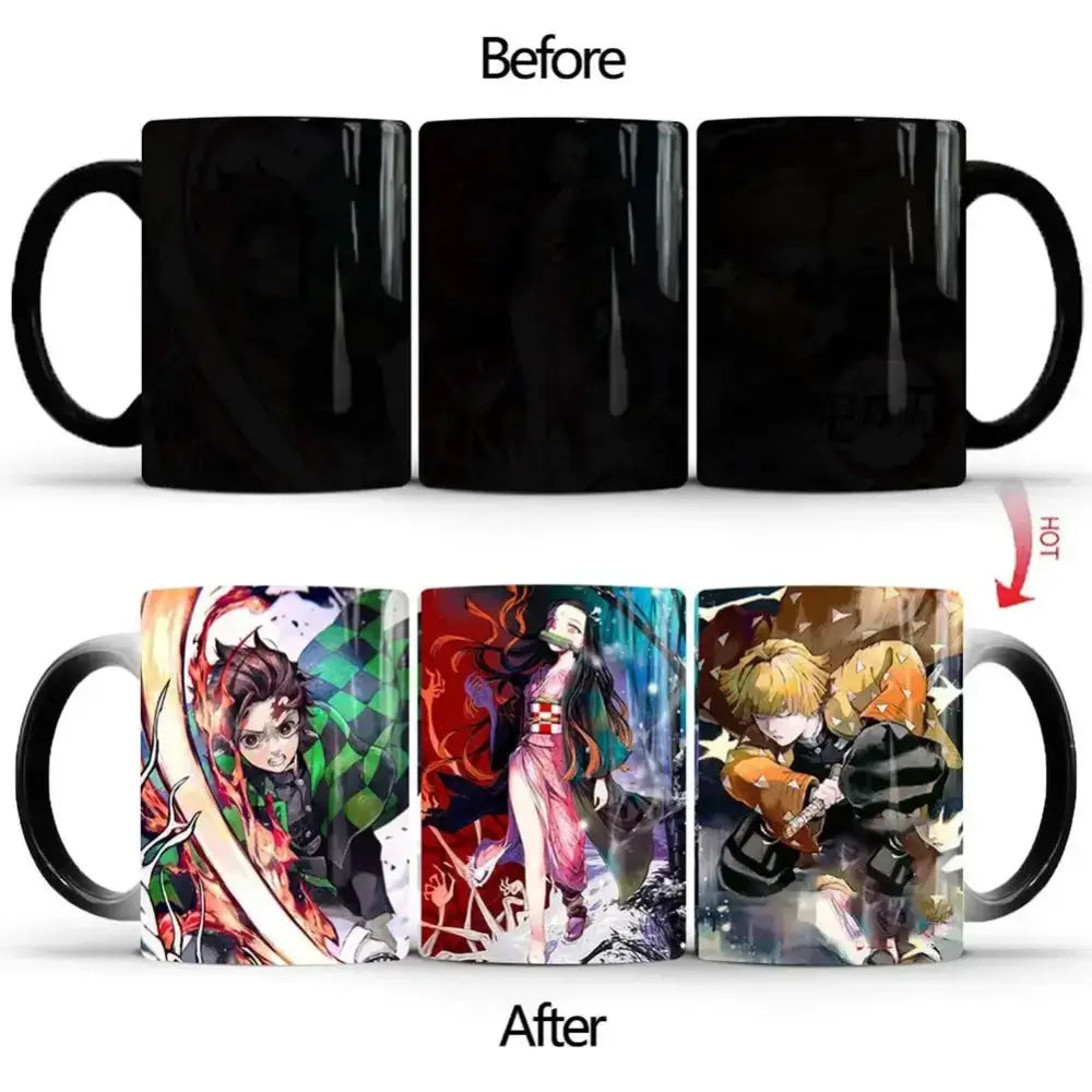 Black ceramic demon slayer color changing mug with heat-sensitive anime character designs featuring tanjiro