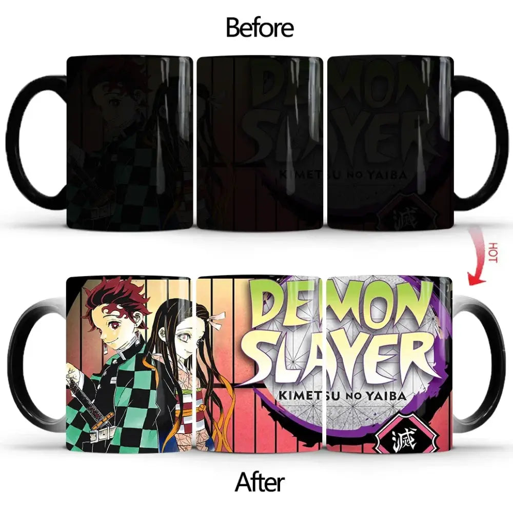 Black ceramic demon slayer color changing mug with heat-sensitive design revealing vibrant anime artwork when heated