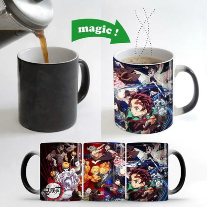 Black ceramic demon slayer heat-sensitive color changing mug with vibrant tanjiro anime design revealed when heated