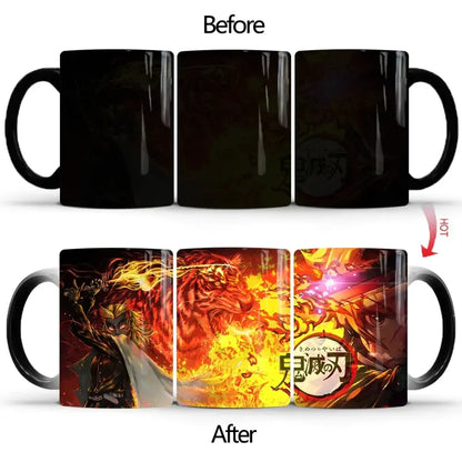 Black ceramic demon slayer heat-sensitive color changing mug revealing vibrant orange and red anime artwork when warmed