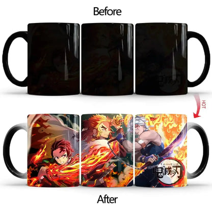 Black ceramic demon slayer color changing mug with heat-sensitive flame design and anime combat characters