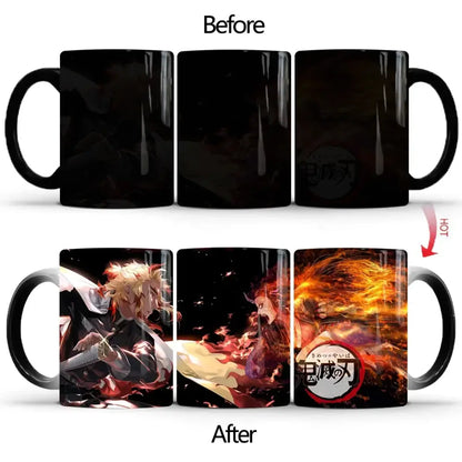 Black ceramic demon slayer mug with heat-sensitive color changing anime artwork revealed when heated