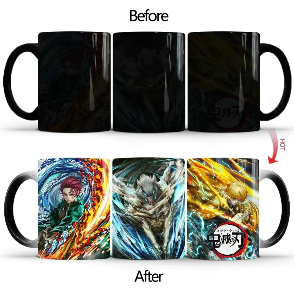 Black ceramic demon slayer mug with heat-sensitive color changing design revealing vibrant anime artwork when heated