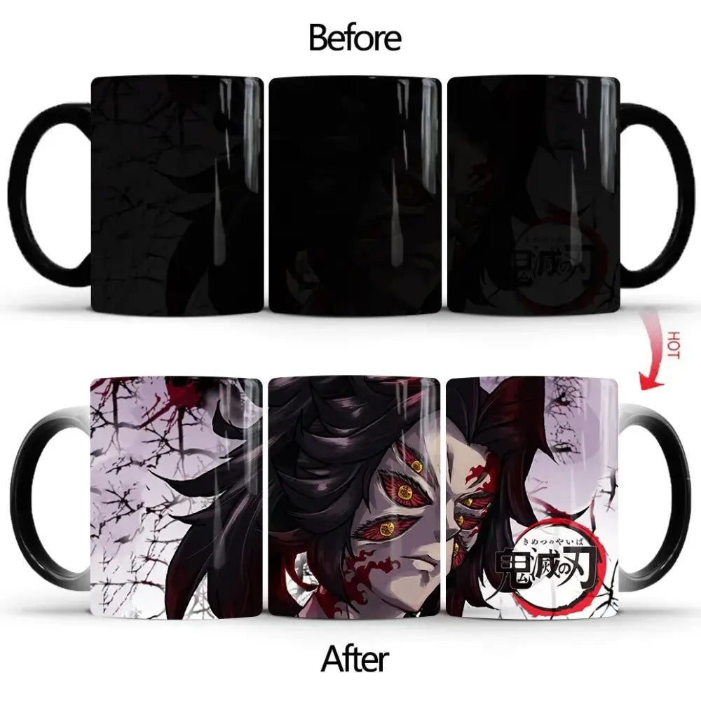 Black ceramic demon slayer mug with heat-sensitive color changing design revealing vibrant tanjiro anime art