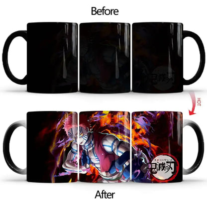 Black ceramic demon slayer heat-sensitive color changing mug revealing fiery anime character illustration when warmed
