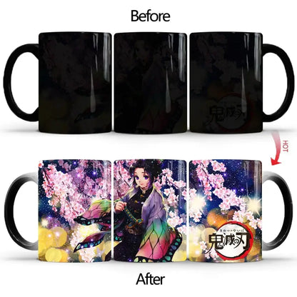 Black ceramic demon slayer color changing mug featuring nezuko kamado with butterfly wings under cherry blossoms