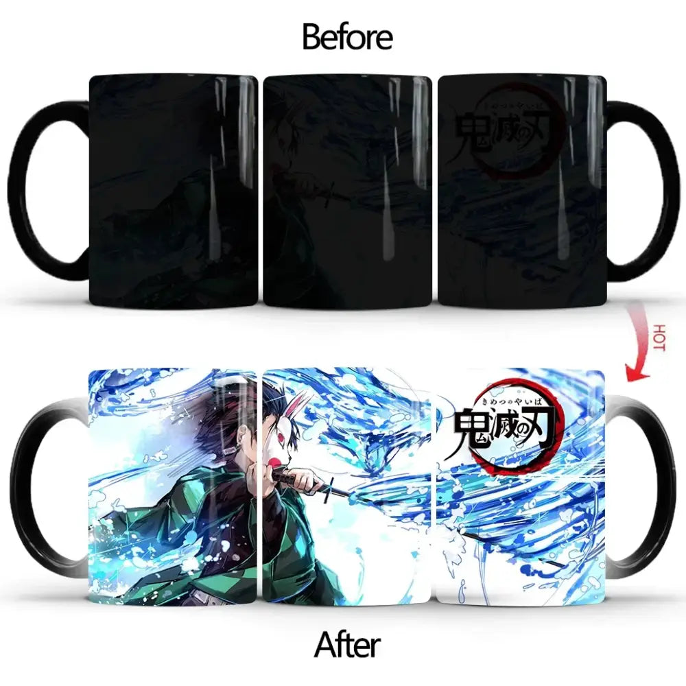 Black ceramic demon slayer tanjiro heat-sensitive color changing mug with vibrant blue and white sword illustration and red logo
