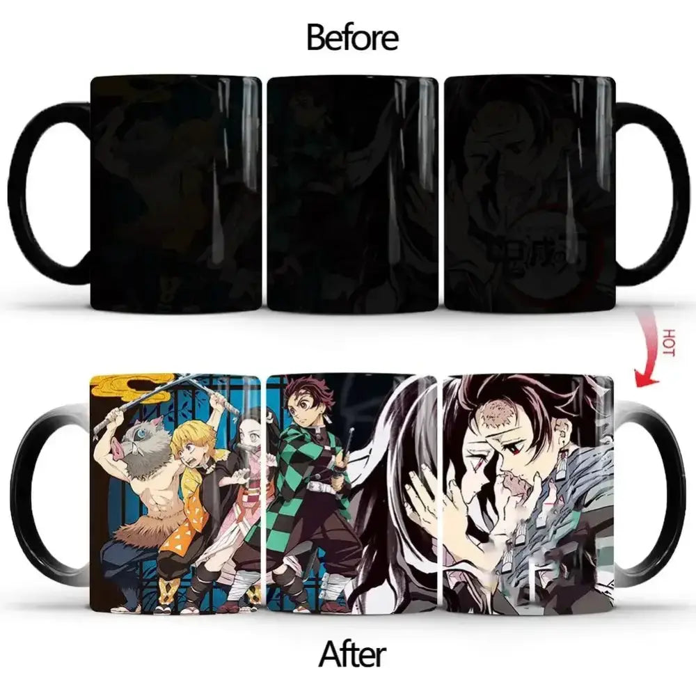 Black ceramic demon slayer mug with heat-sensitive color changing design featuring tanjiro characters
