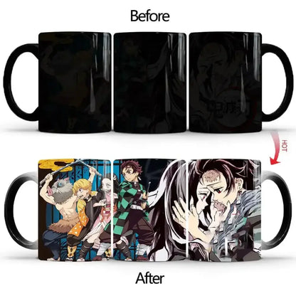 Black ceramic demon slayer mug with heat-sensitive color changing design featuring tanjiro characters