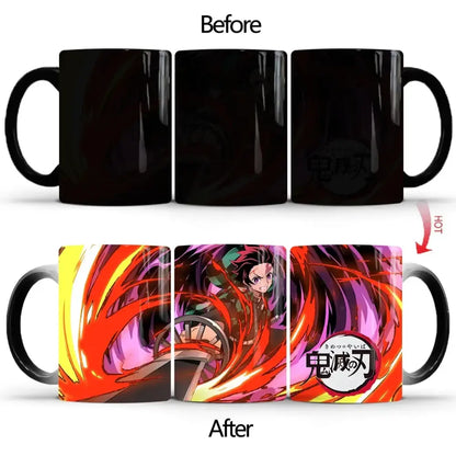 Black ceramic demon slayer color changing mug with heat-sensitive anime character design and vibrant flames