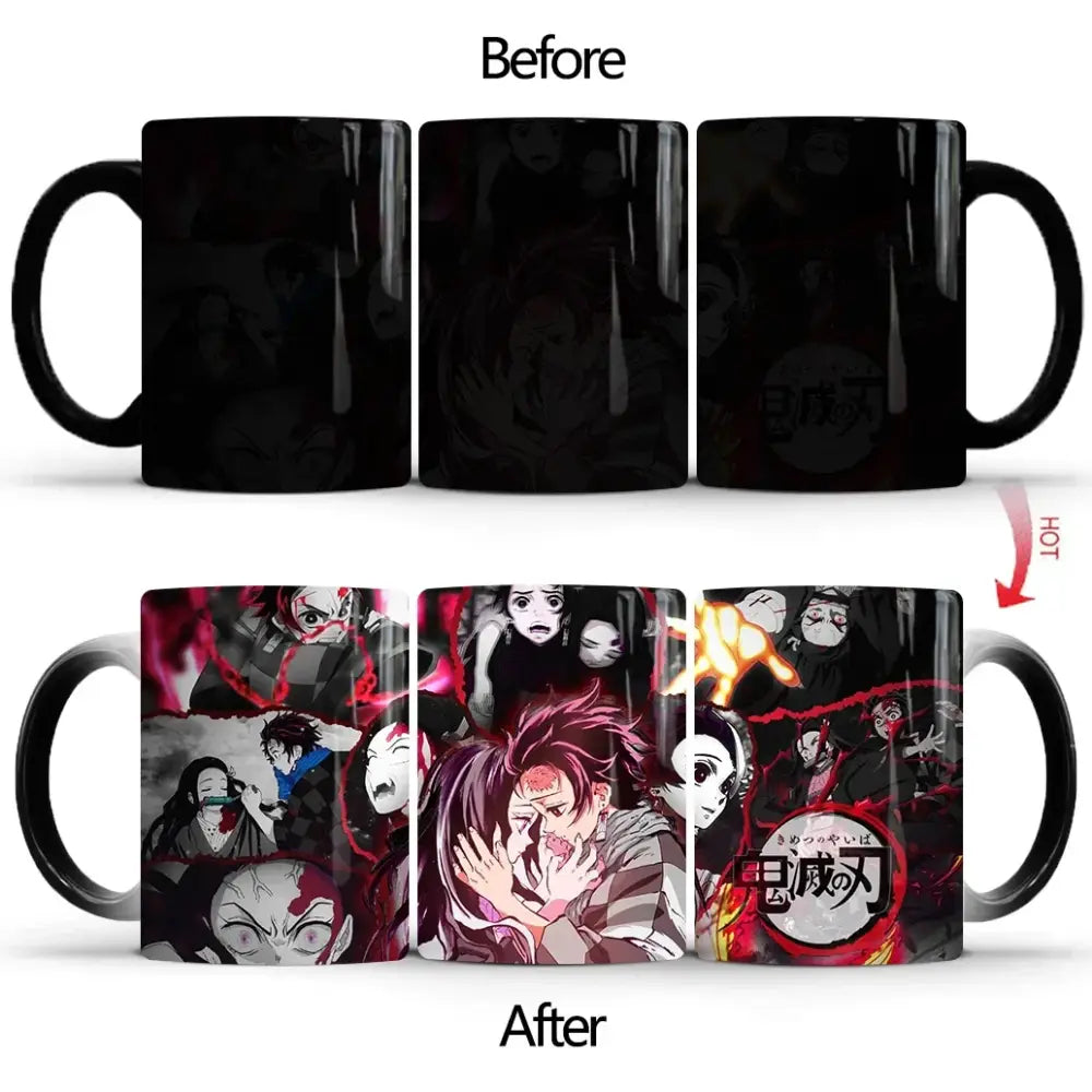 Black ceramic demon slayer heat-sensitive color changing mug reveals vibrant red and black tanjiro artwork when heated