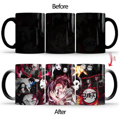 Black ceramic demon slayer heat-sensitive color changing mug reveals vibrant red and black tanjiro artwork when heated