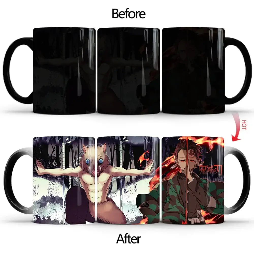 Black ceramic demon slayer mug with heat-sensitive color changing anime design featuring tanjiro