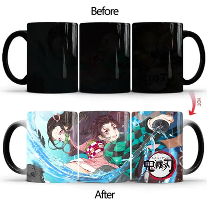 Black ceramic demon slayer heat-sensitive color changing mug reveals vibrant anime characters when warmed