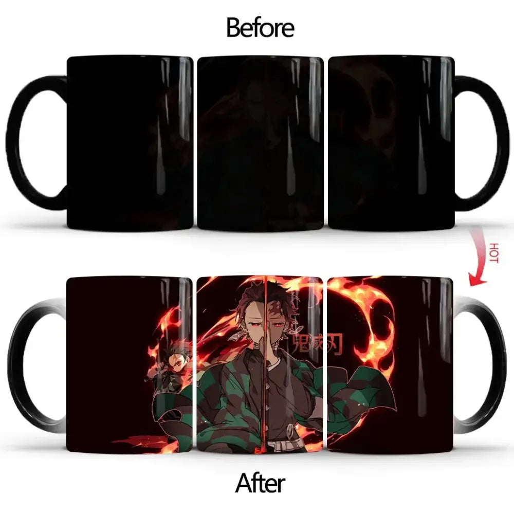 Black ceramic demon slayer tanjiro heat-sensitive color changing mug revealing fiery anime design