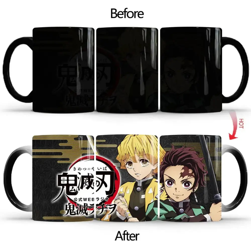 Black ceramic demon slayer tanjiro heat-sensitive color changing mug with gold and red anime design and logo