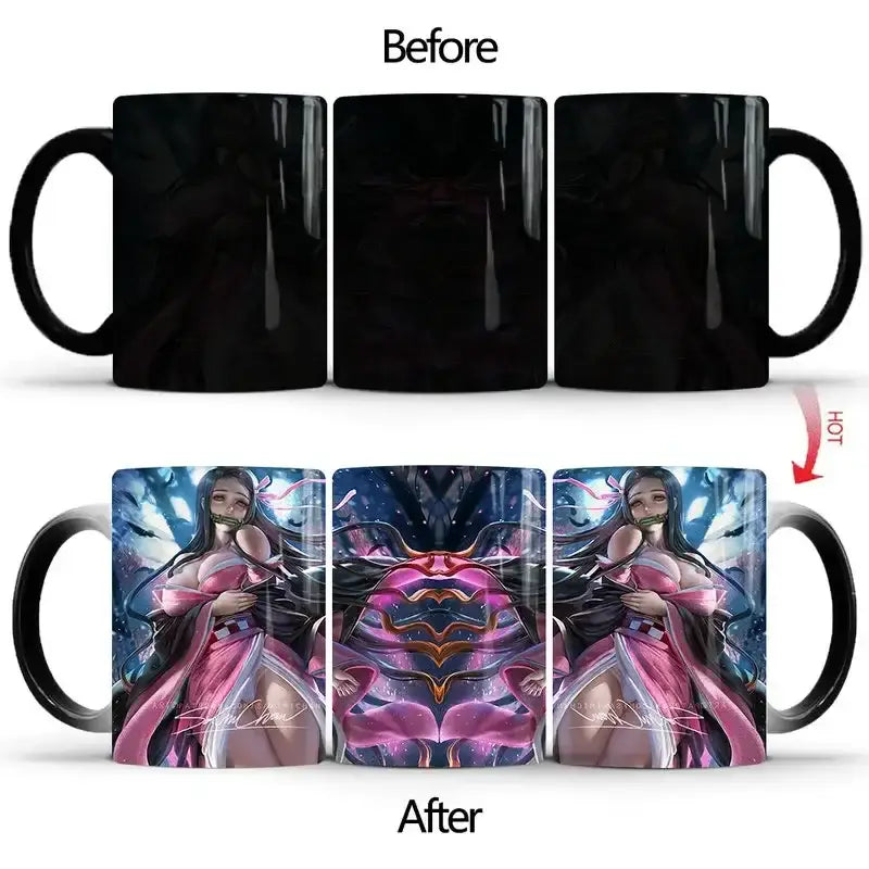 Black ceramic demon slayer heat-sensitive color changing mug revealing vibrant anime character in pink and purple attire